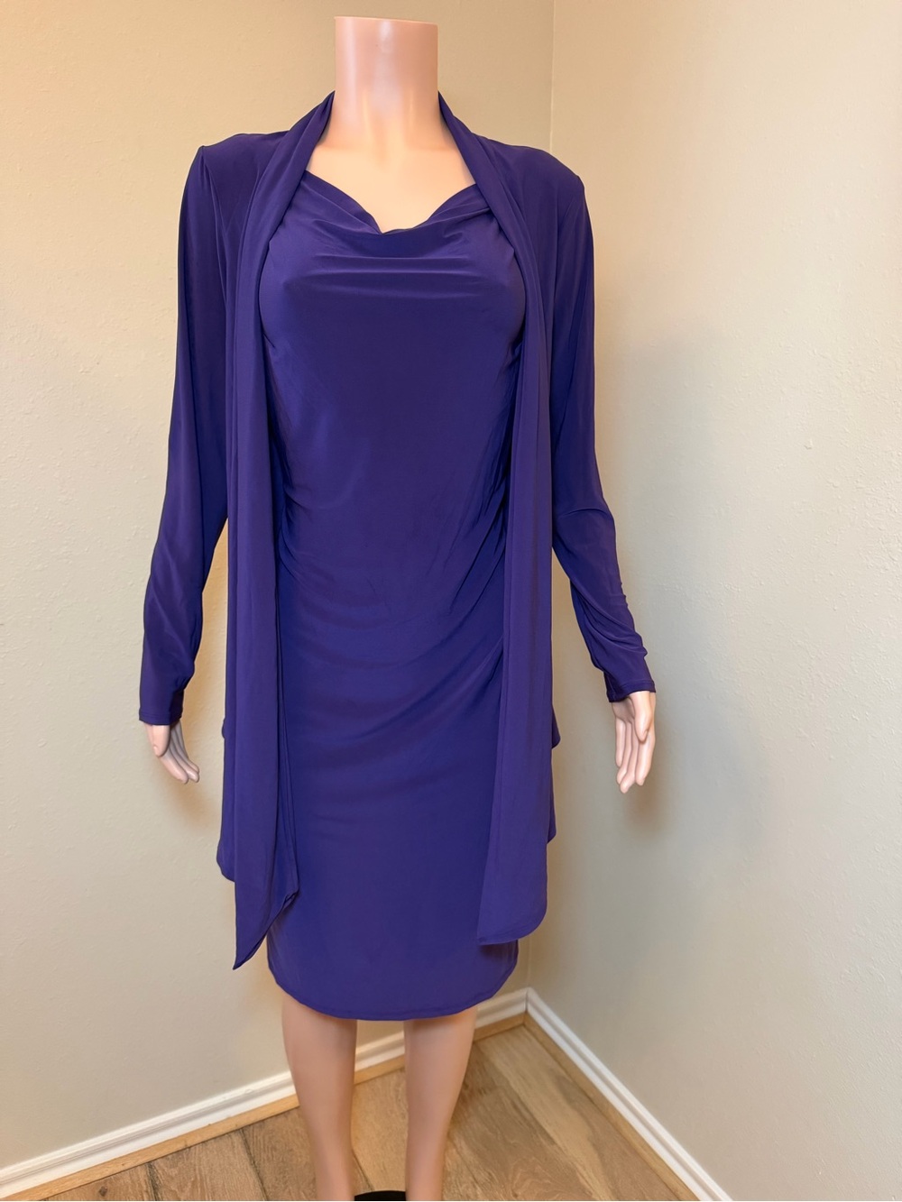 Elegant Purple Draped Women’s Dress with Matching Cardigan